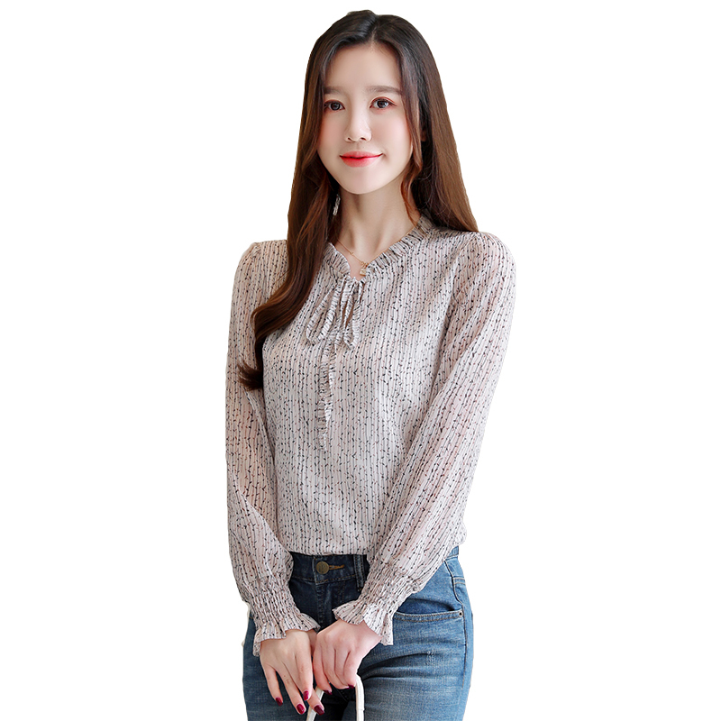 Fashion Spring V-neck Print Shirt Black Elegant Top Arrival Long Sleeve Chiffon Blouse Plus Size Tops 8218 50 210506