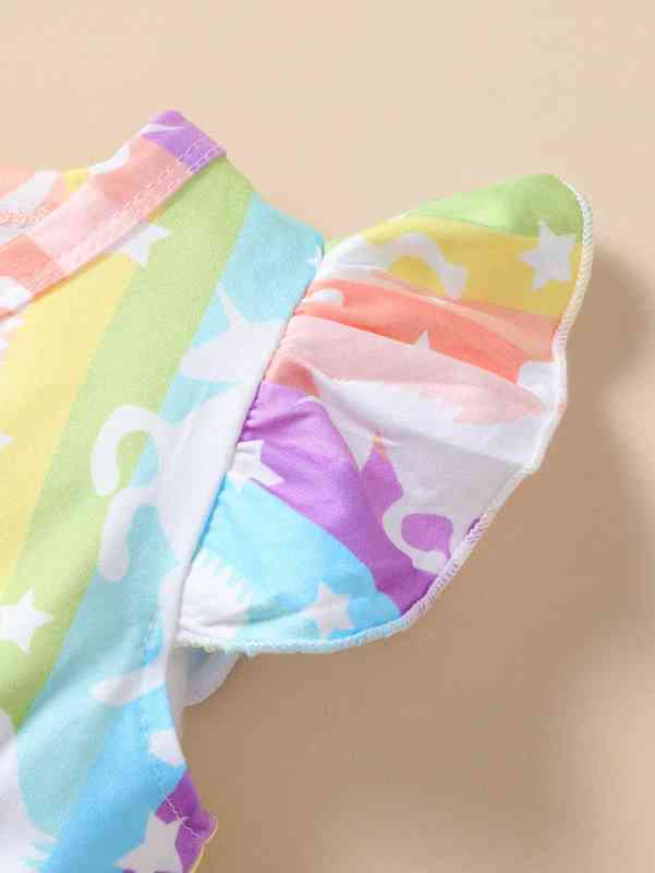 Baby Rainbow Striped Unicorn Print Ruffle Sleeve Dress With Headband SHE