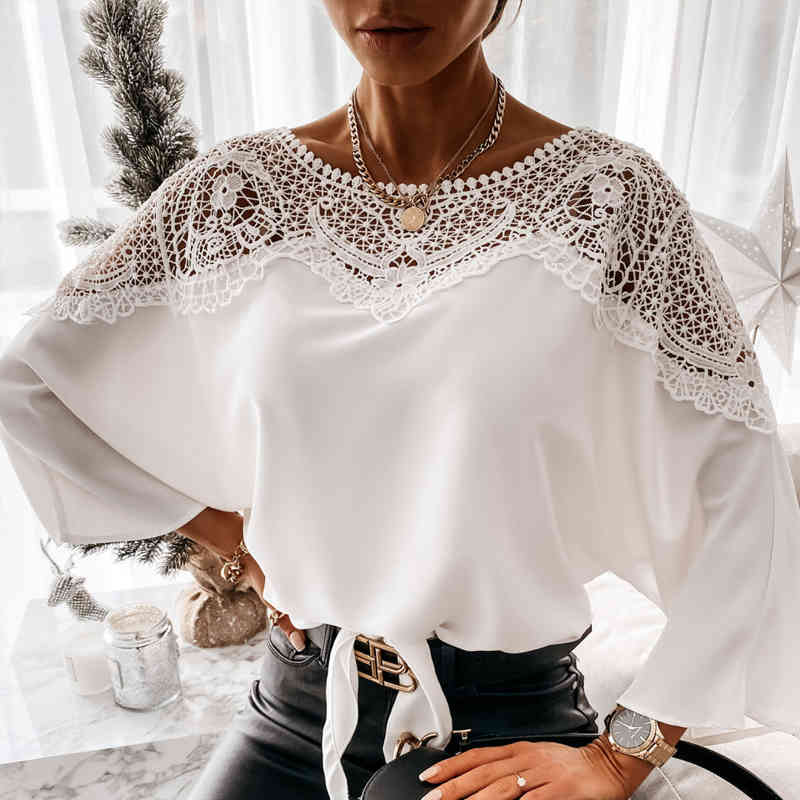 Butterfly Sleeve Women Blouse with Lace Solid Hollow Out Female Shirts Plus Size Office Lady O Neck Tops Blusas Mujer 12459 210508