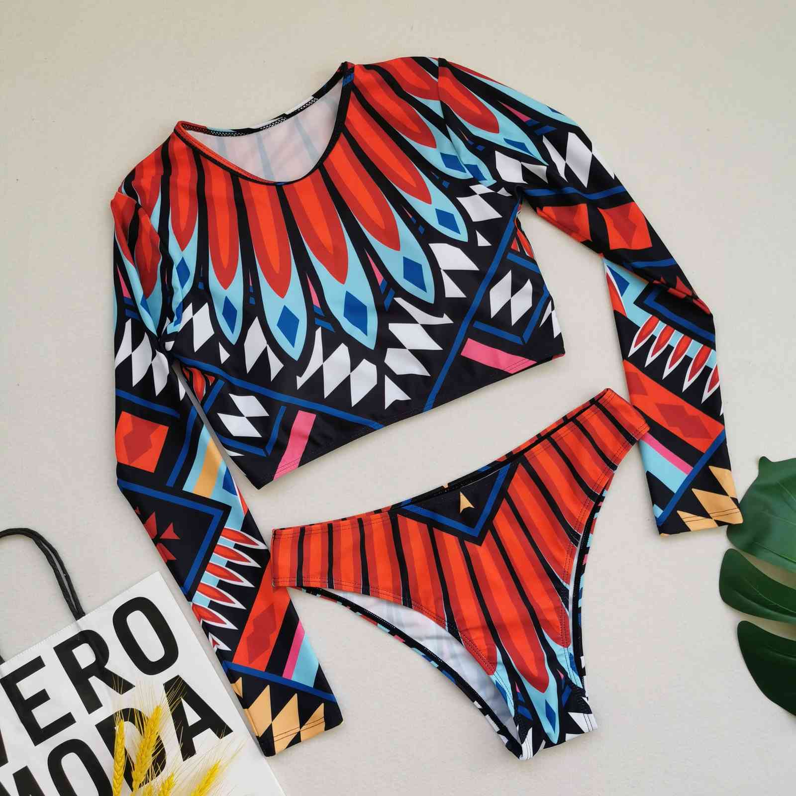 Geometric Push Up Bikini Brazilian Long Sleeve Thong Swimwear Bandage Plus Size High Waist Swimsuit Women 2 Pieces Suits 210520