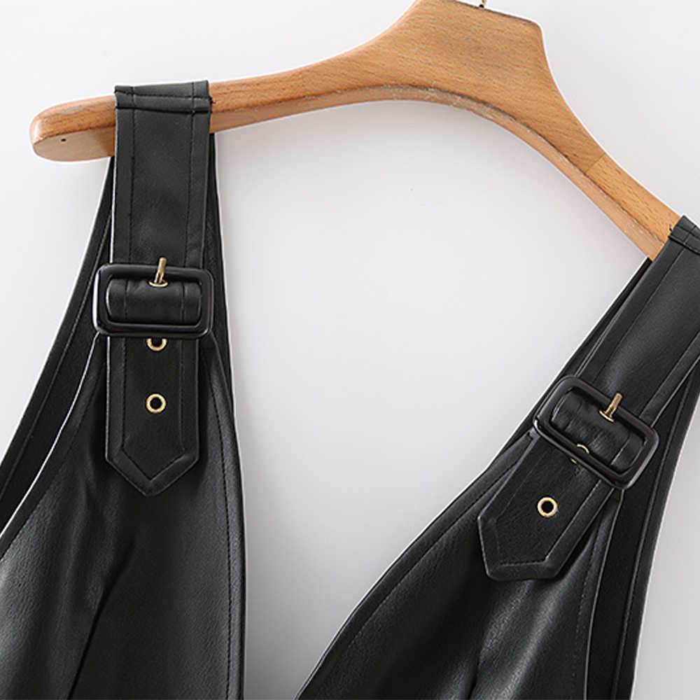 Women Dress PU Pleated V-neck Straps Short Punk Fashion Chic Woman Dress Femme Robe Ropa Mujer Vestidos 210709