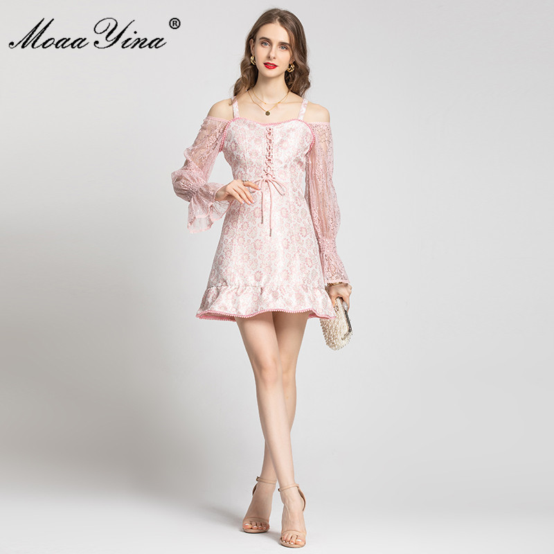 Summer Runway Pink Spaghetti Strap Dresses Women's Lantern sleeve Sequins Printed Vintage Jacquard Short Dress 210524