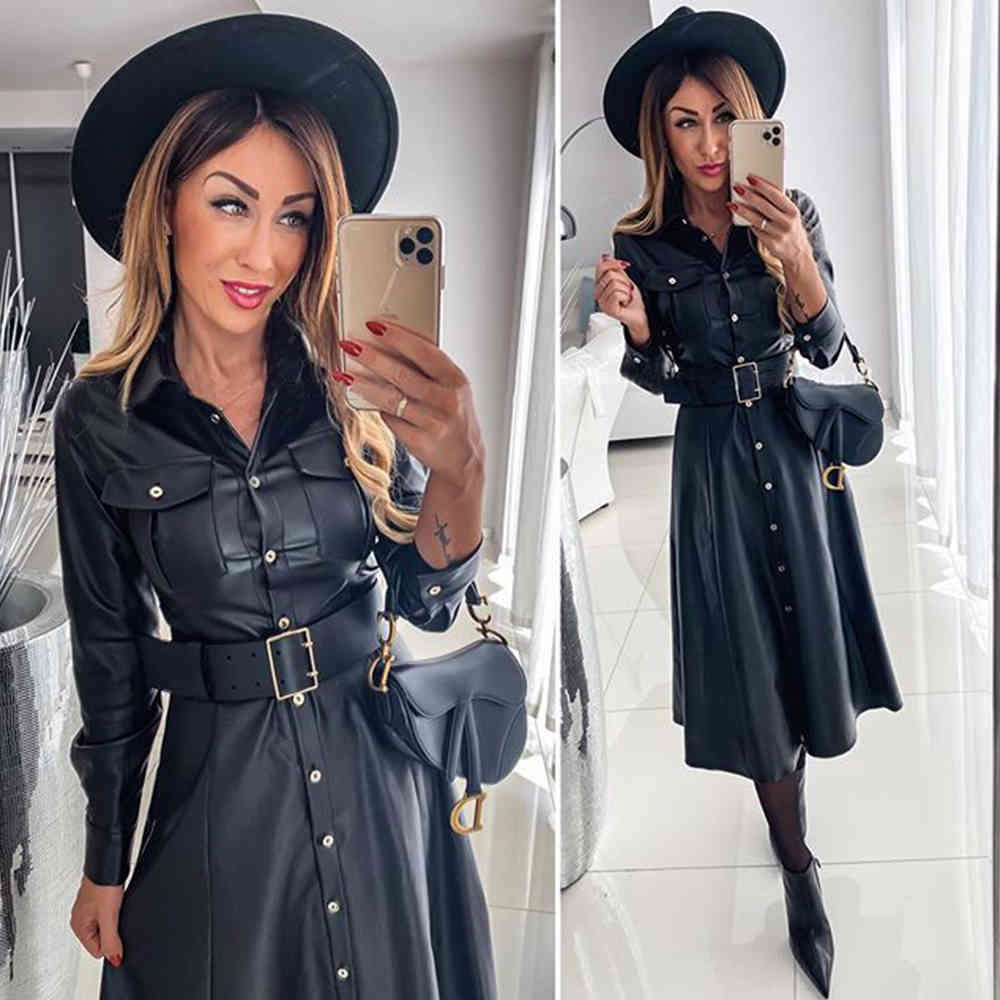 Leather Shirts Dress Casual Ladies Lapel Buttons Black PU Dresses with Belt New Spring Autumn Long Sleeve Women Maxi Dress LJ201204
