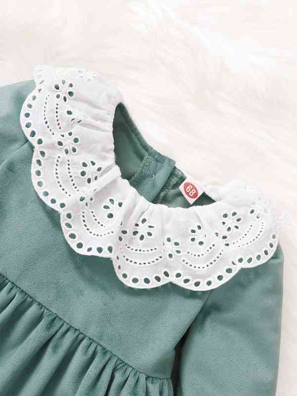 Baby Eyelet Embroidery Scallop Trim Button Back Velvet Dress SHE