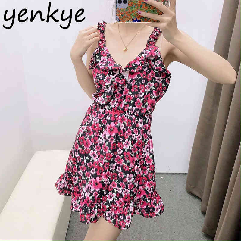 Floral Print Ruffle Wrap Dress Women V Neck Sleeveless Sexy Sling Beach Sundress Female A-line Short Summer Dresses BBWM2220 210515