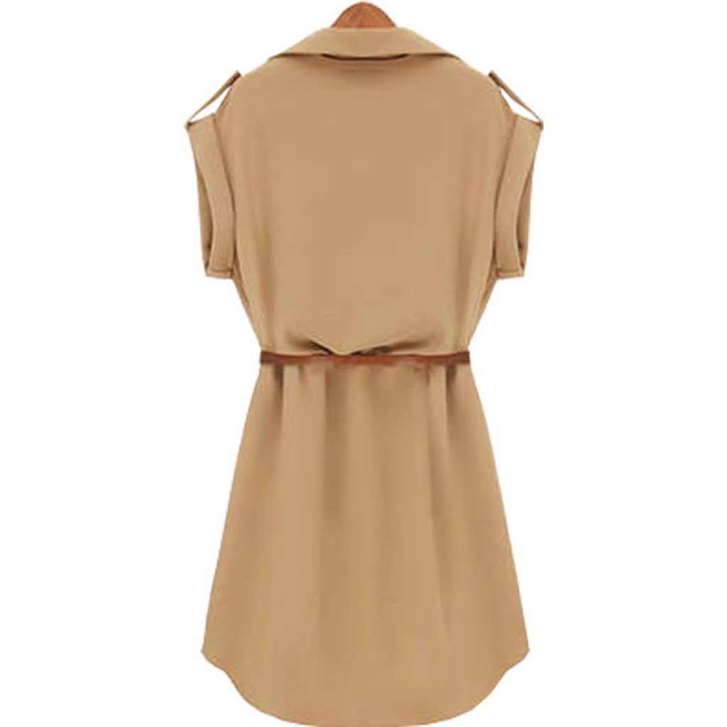 Women Casual Summer Shirt Dress Loose Short Sleeve With Belt Turn Down Collar Autumn Vestidos #20 210428