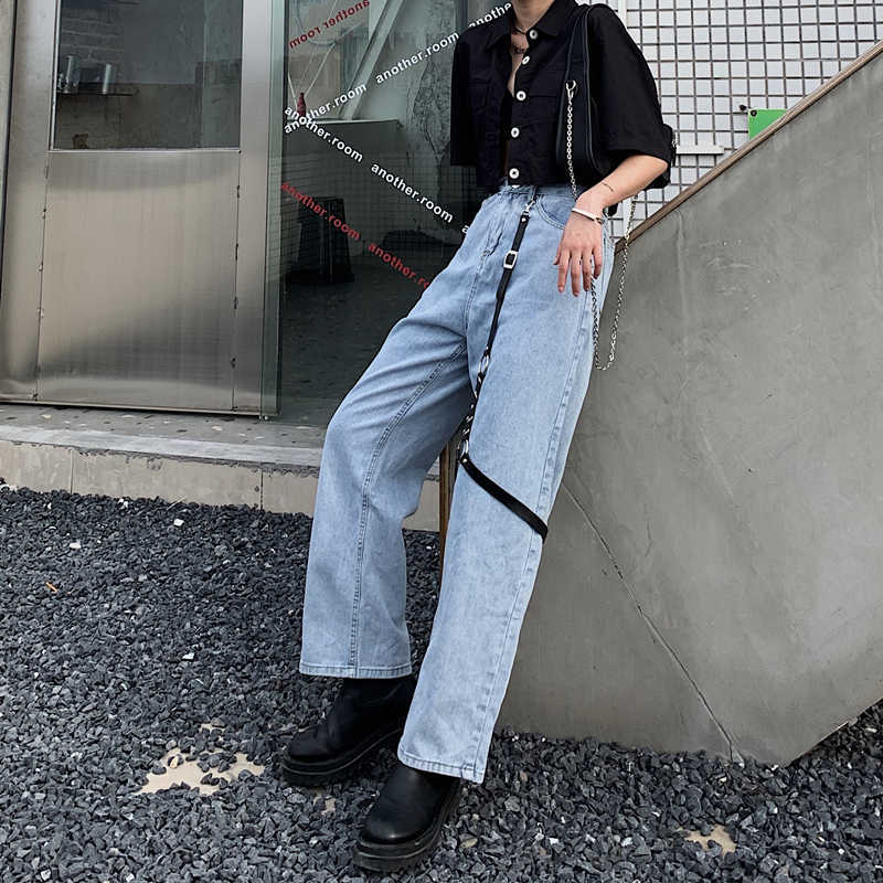 Baggy High Waist Women's Jeans Streetwear Light Colour Straight Pants Harajuku Fashion Denim Trouser Black Leather Buckle 210922