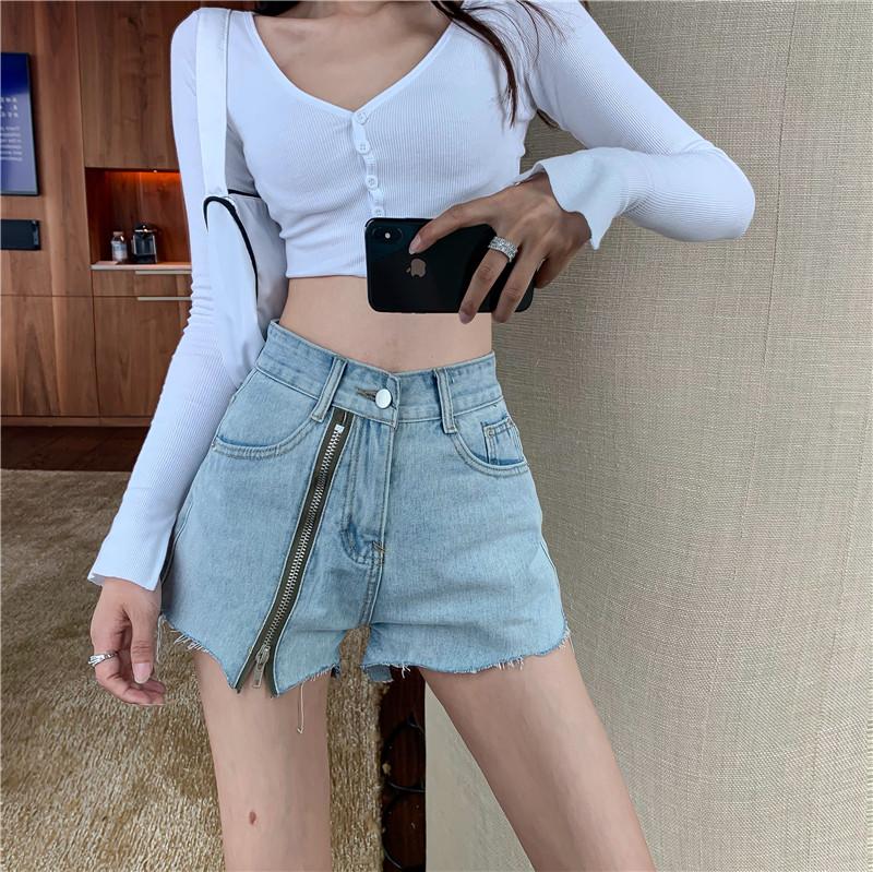 Korean Summer High Waist A-line Slim Shorts Sexy Zipper Denim Wide-leg Female Fashion Streetwear 2021 Women's