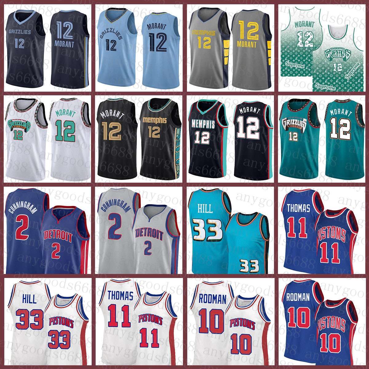 Memphi Grizzlie Detroits Piston Mens Basketball Jersey Ja 12 Morant Cade 2 Cunningham S-2XL Grant 33 Hill Isiah 11 Thomas Dennis 10 Rodman Brown