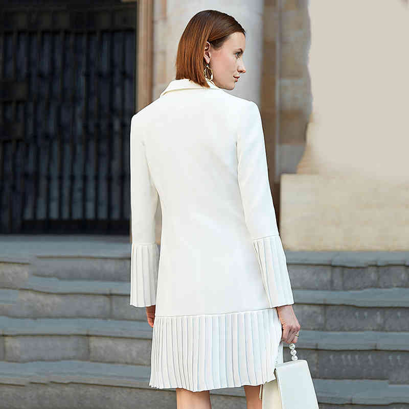 [EAM] Women White Double Breasted Pleated Suit Dress Notched Long Sleeve Loose Fit Fashion Spring Autumn 1S071 21512
