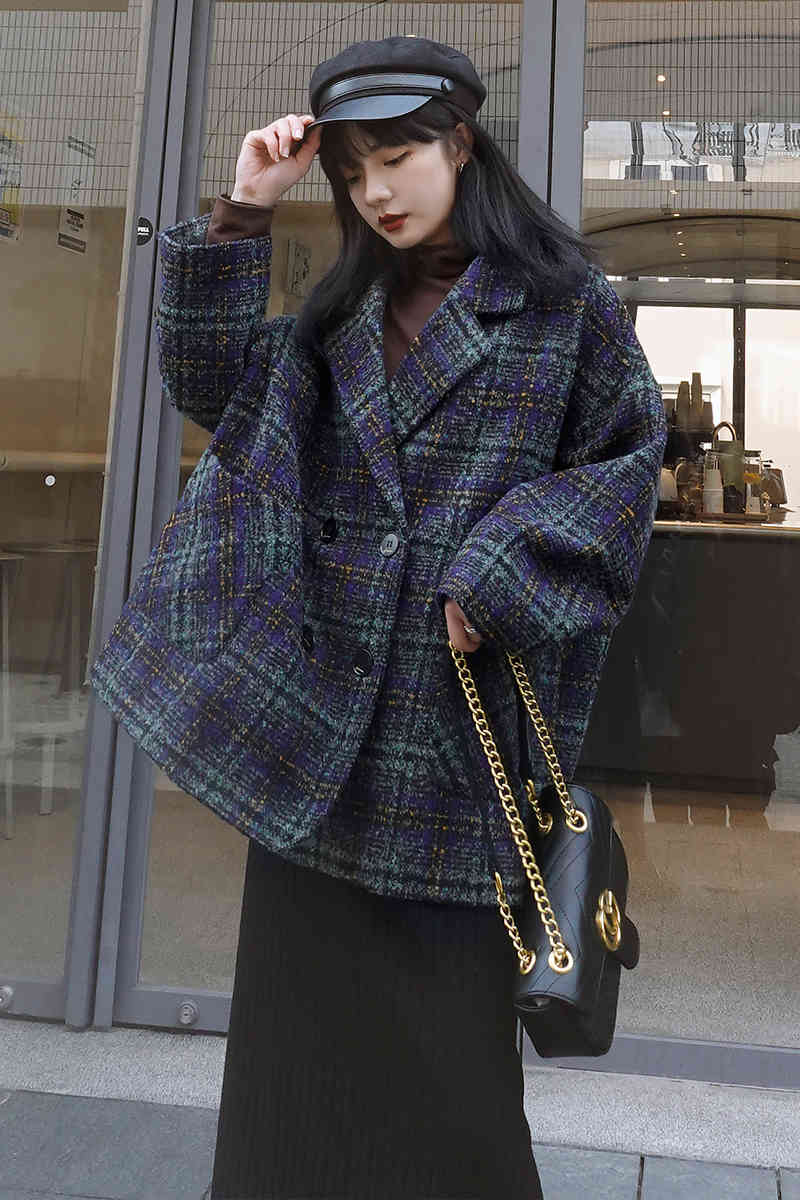 Wonder Winter Korean Overcoat Vintage Woolen Loose Coats female Double Breasted Turn-down Collar 210510