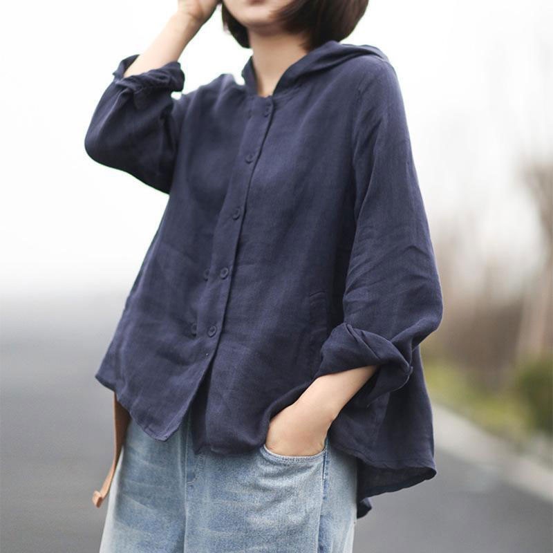 Spring Autumn Arts Style Women Double Breasted Casual Hooded Coat Loose Cotton Linen Solid Jackets Femme Coats M286 210512