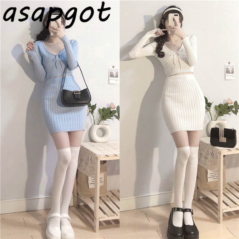Matching Sets Dress Gentle White V Neck Knitted Top Fashion Clothing Slim Short Knitwear High Waist Skirt Sweet Casual 210429