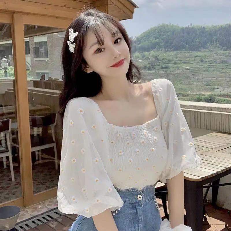 Summer Puff Sleeve Elegant Crop Top Female Chiffon Floral Blouse and Tops Womne Shirt Beach Blouse for Females Korean Chic 210521
