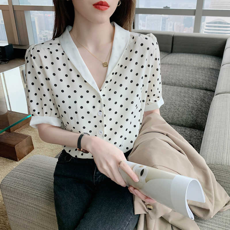 Polka Dot Chiffon Shirt Women Summer Fashion V-Neck Korean Elegant Slim Black Plus Size Top Blouse Ladies 210601