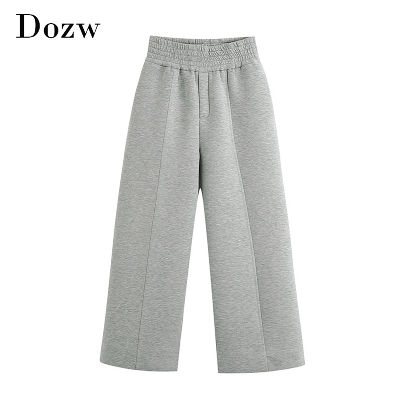 Casual Full Length Gray Pants Women Pleated Elastic High Waist Wide Leg Lady Baggy Loose Trousers Femme Pantalon 210515