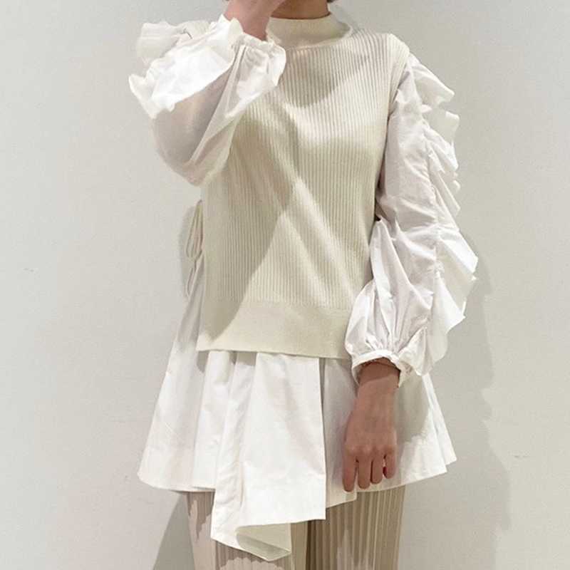 Spring Office Lady 2 Pcs Women Set Elegant Long Sleeve Ruffles Draped Shirt + O Neck Sleeveless Knit Vest Loose Suit 210525