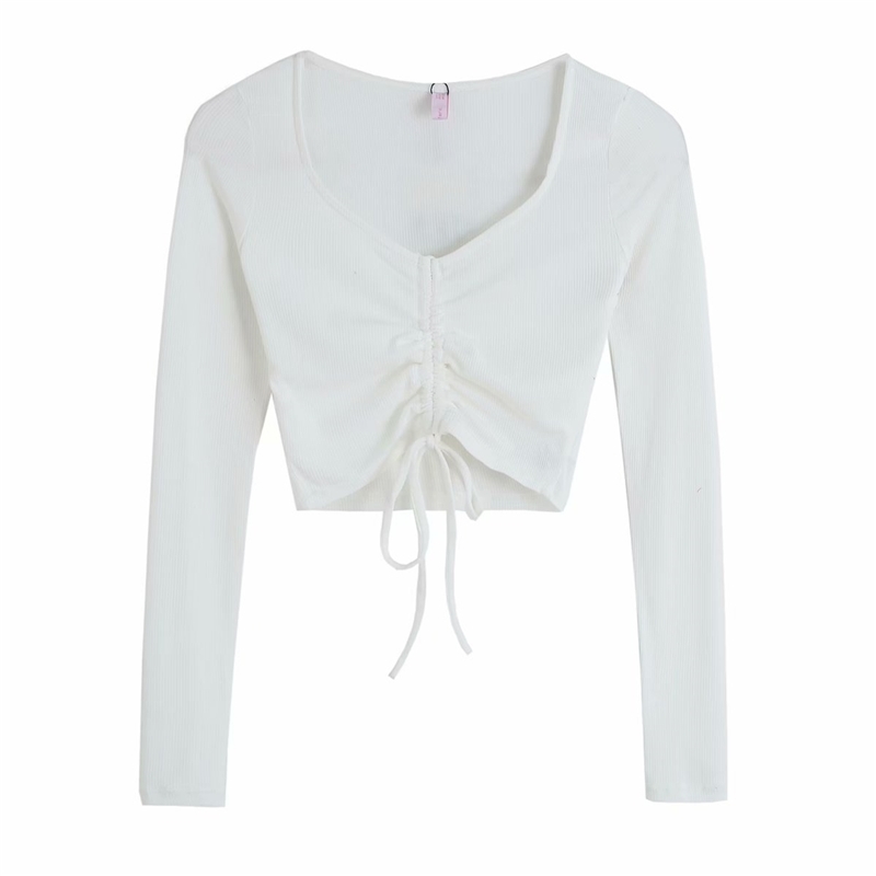Sweet Women Sexy Solid Shirts Fashion Ladies Knitted Short Tops Elegant Female Chic Draped Drawsting Bow Blouses 210430