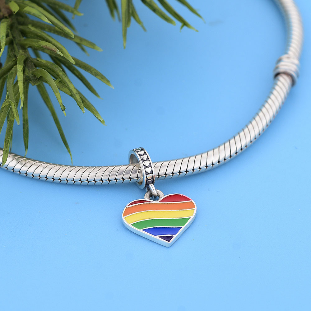 925 Sterling Silver LGBT Rainbow Love Heart Dangle Charm Beads Fit Original PAN Bracelet For Women Making Jewelry