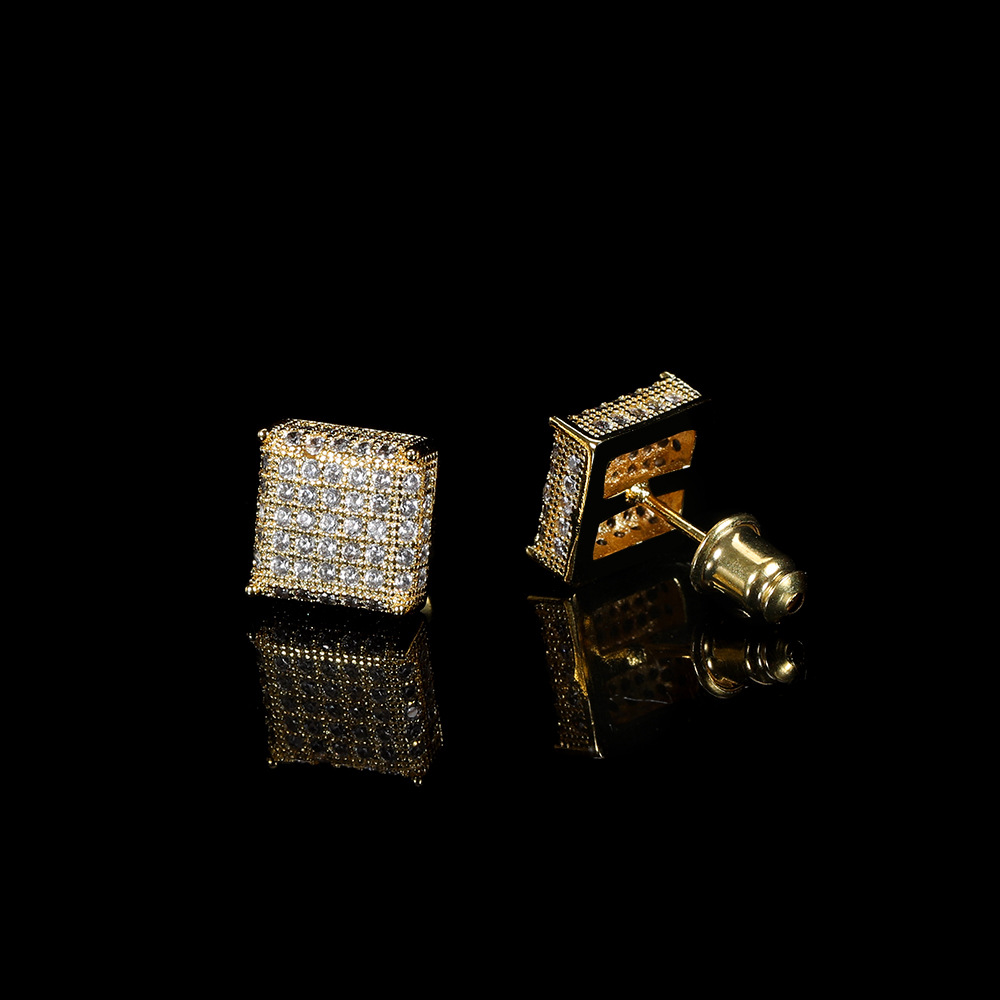 Hip Hop Square Stud Earring Bling 18K Real Gold Plated Prevent Allergy Earrings for Men Women Gift