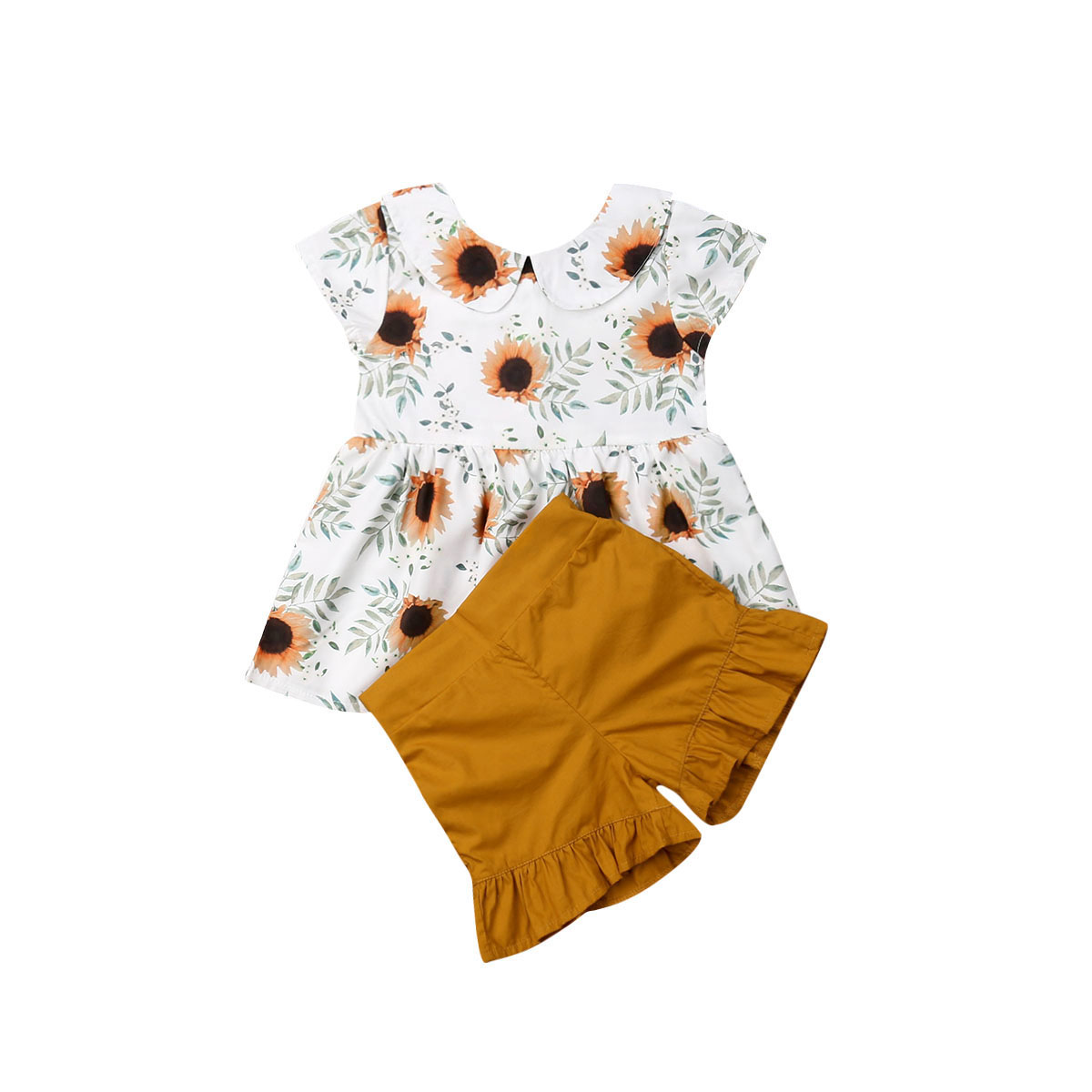 1-6y summer toddler kids baby girl peter pan collar sunflower shirt ruffles shorts pant bottom 2pcs clothes set, White
1-6y summer toddler kids baby girl peter pan collar sunflower shirt ruffles shorts pant bottom 2pcs clothes set, White