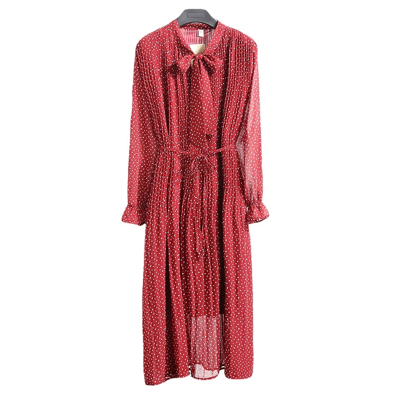 Korean Long Sleeved Print Pleated Dress Fashion Floral Vintage Elegant Clothes Spring Lady Chiffon 8538 50 210506