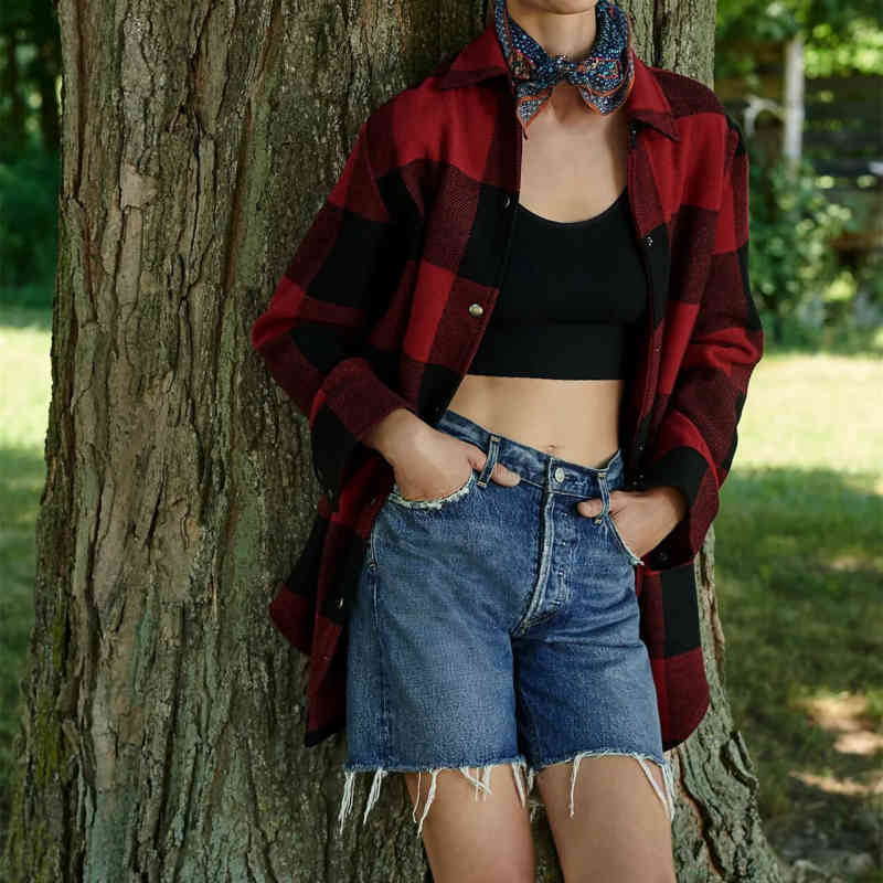 Vintage Women Red-Black Plaid Shirt Jacket Fashion Ladies Long Sleeve Side Pocket Blouse Female Casual Soft Outerwear 210515