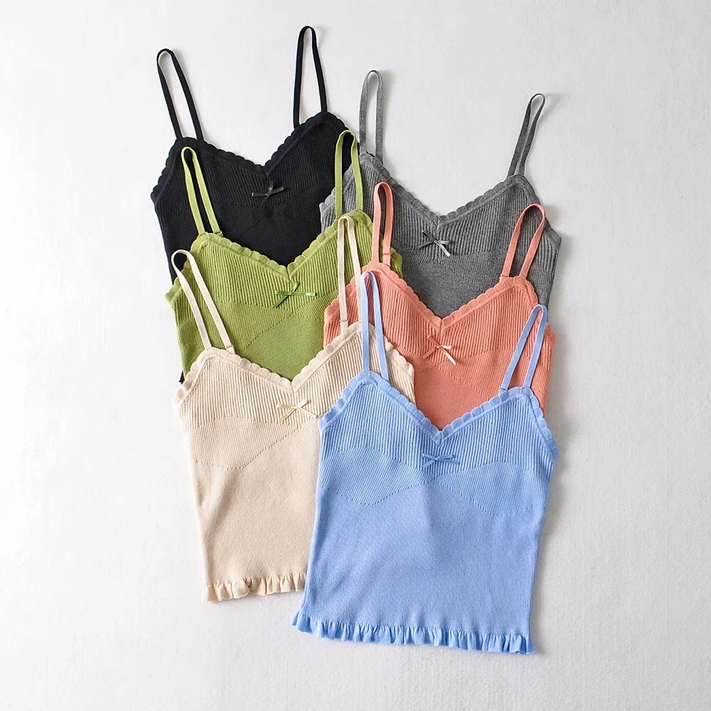 6 colors Sexy Wood ears V neck Bow Ribbed Knitted Camis Women Summer Stretch Tanks Retro Girl Slim Crop Top Short Tees 210429