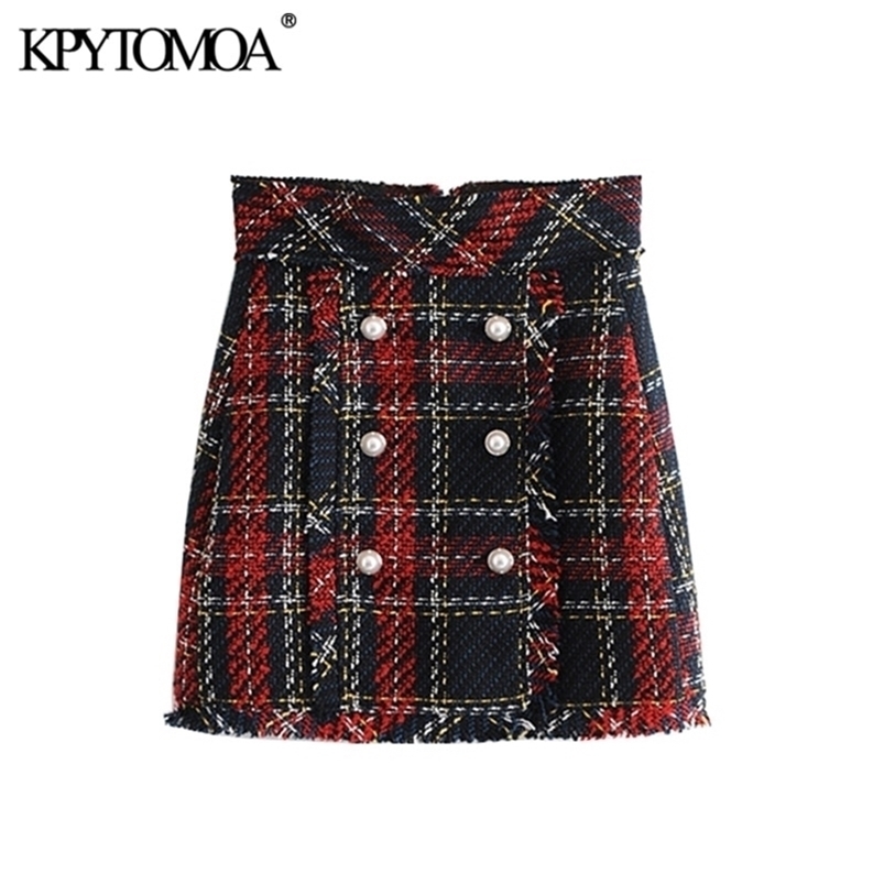 Vintage Faux Pearl Fringe Tweed Plaid Mini Skirt Women Fashion A Line Back Zipper Tassel Ladies Skirts Casual Faldas Mujer 210621