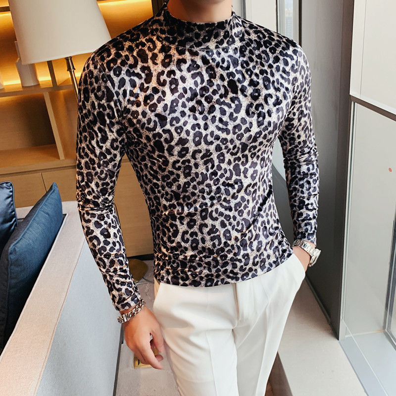 IEFB Stand Collar Base Long Sleeve Spring T-shirt Slim Leopard Print Tight Slim Fit Flannel Fashion Trend Tops 9Y6674 210524