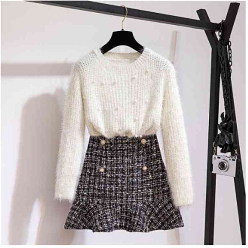 Autumn Winter Two Piece Set Women Elegant Beading Knitted Sweater+High Waist Tweed Plaid Mermaid Skirt Ladies Outfits 210520