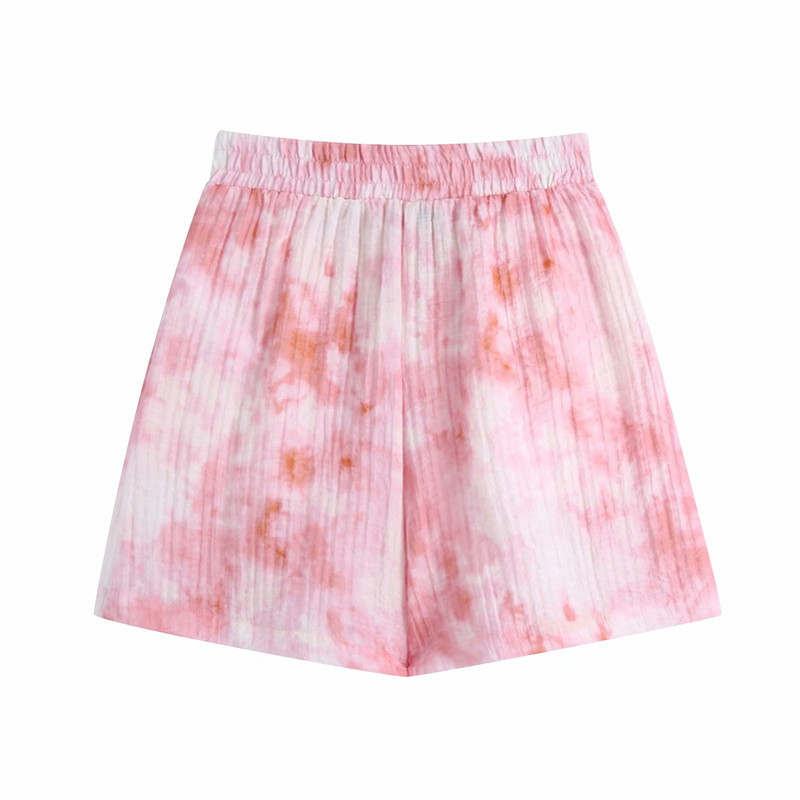 Sweet Women Pink Tie-dye Shorts Suit Summer Fashion Ladies Cropped Match Suits Girls Y2K V Neck 210515