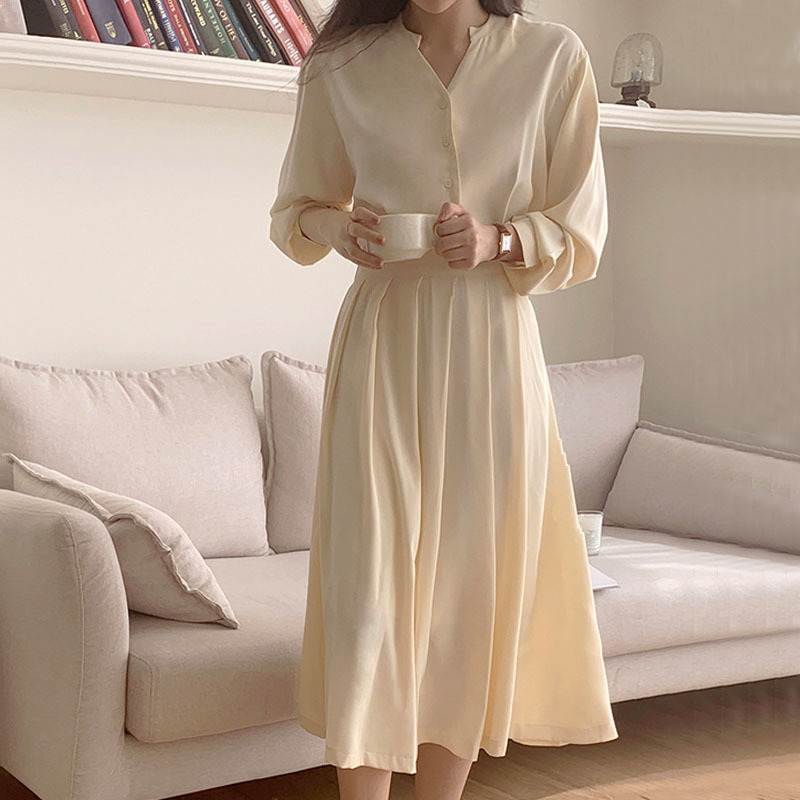 Solid Cotton V-neck Slim Dress Korean Elegant and Gentle Spring Women for Casual Office Lady Vestido 14150 210427