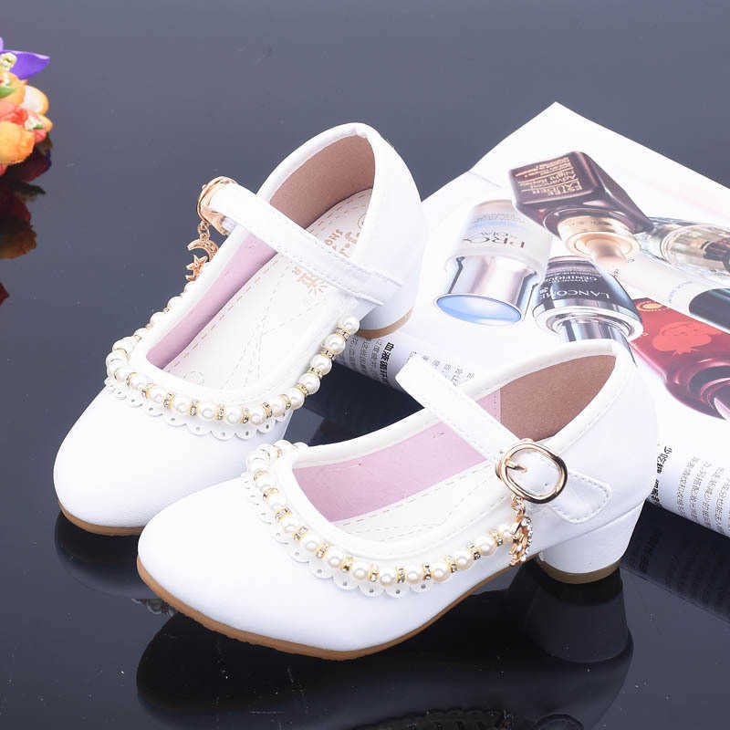 High Heels Kid Shoes Beading White Leather Girls Party Shoes Princess Dress Shoe Big Children Wedding Shoe 3 4 5 6 7 8 9 10 1112 Y0809