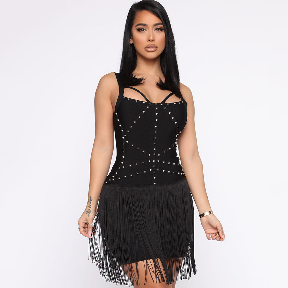 Free Fashion Women's Tassel Bandage Dress Black Sexy Spaghetti Strap Bodycon Rivet Dresses Club Party Vestidos 210524