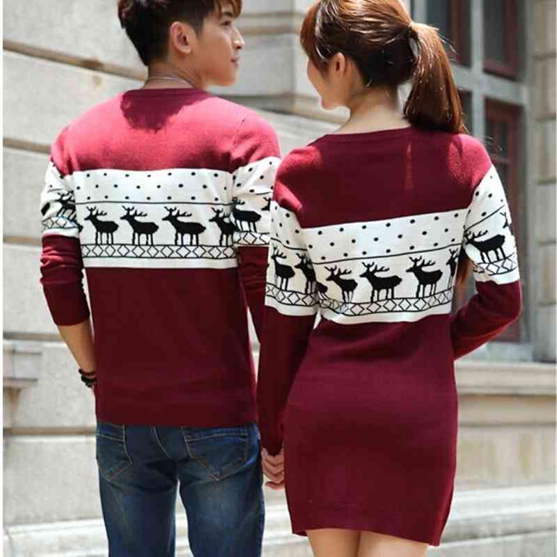 Winter Runway Men's /Women Long Sleeve Wine Red Pullovers Matching Deer Couple Christmas Year Sweaters 210520