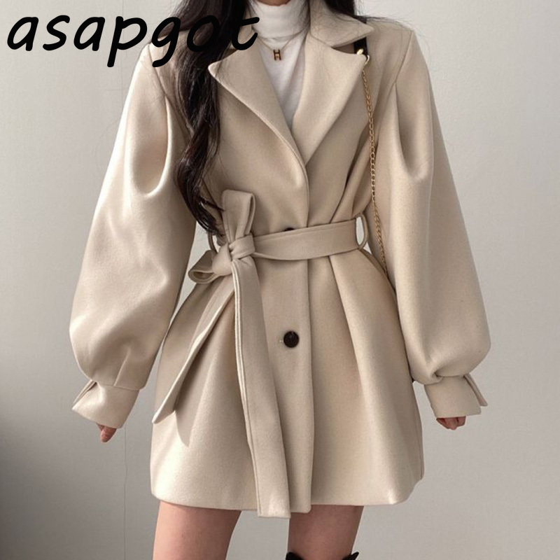 Coats & Jackets Wool Blends Quilted Chic Autumn Oversize Notched Two Button Slim Lantern Sleeve Woolen Coat Women Belt 210429