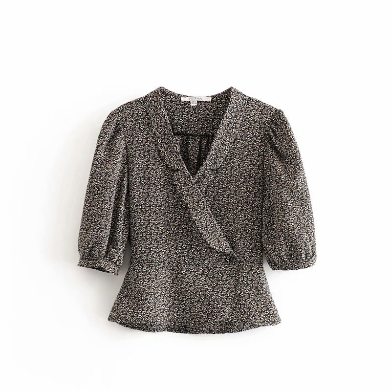 France Retro Lapel Puff Sleeve Floral Print Shirt Women Slim Waist Short Crop Blouse Girl's Tops 210429