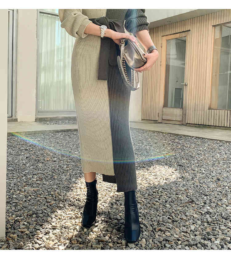 Korea Autumn Winter Women Hit Color Patchwork Long Sleeve Knit Sweater Maxi Dresses Female Clothes Robe Vestidos 210519