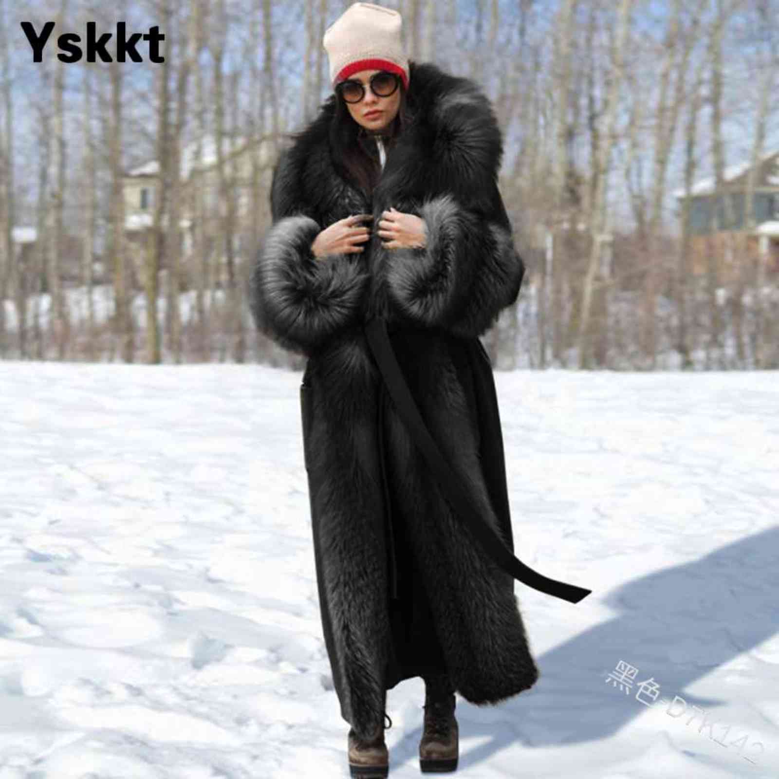 Winter Women Faux Fur Coat Long Solid Color Trim s Belt ry Womens Warm Jackets Sleeve Elegant Lady Fashion 211119