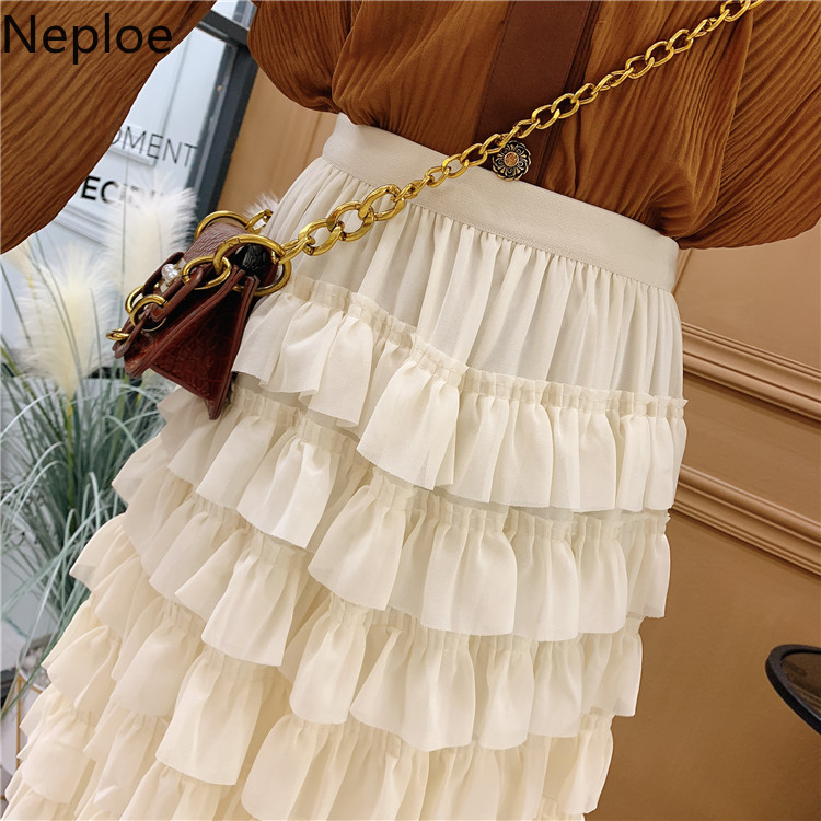 Neploe Ruffle Patchwork Chiffon Skirt Women Spring Summer Korean High Waist Cute Skirts Female White Fashion Pleated Faldas 210422