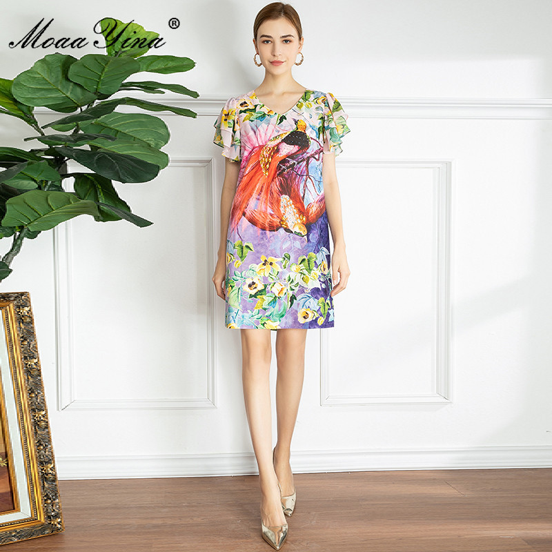 Summer Runway Vintage Mini Dress Women V-Neck Beading Fashion Birds Floral-Print Short Party 210524