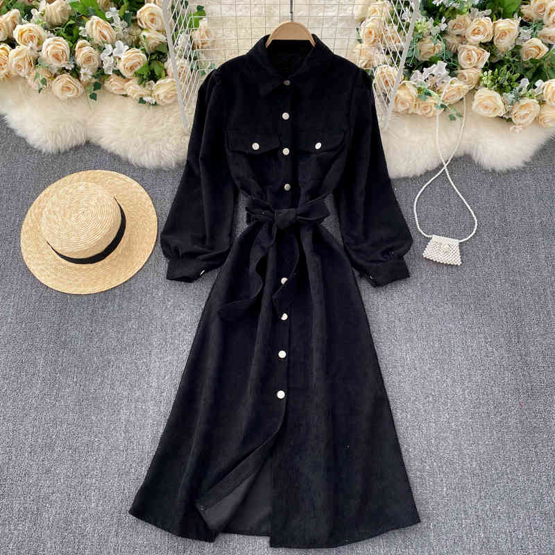 LoveFlowerLife Autumn Fashion Streetwear Midi Dress Retro Corduroy Blouse Women Turn-down Collar Single Breasted A-line Dresses 210521