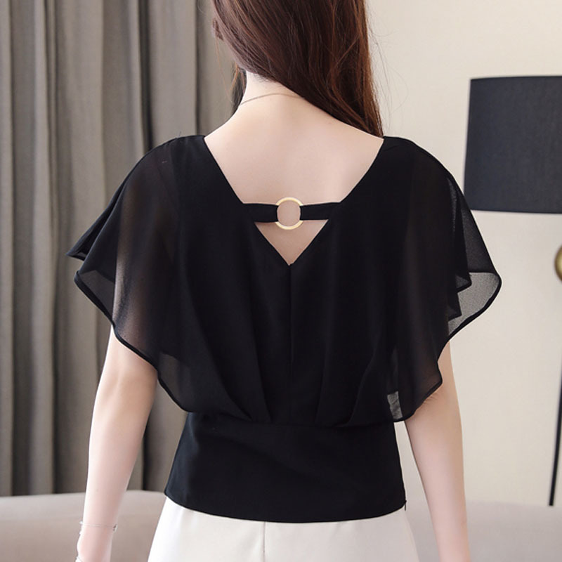 Korean fashion clothing ladies tops white shirt blouse Short Ruffles Polka Dot V-Neck shirts chiffon blusas 3097 50 210427