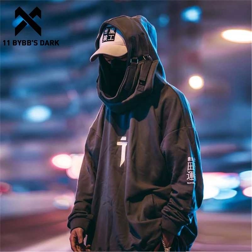 11 BYBB'S DARK Japanese Streetwear Hoodie Men Harajuku Neck Fish Mouth Pullovers Sweatshirts Oversized Hip Hop Hoodies Techwear 211116
