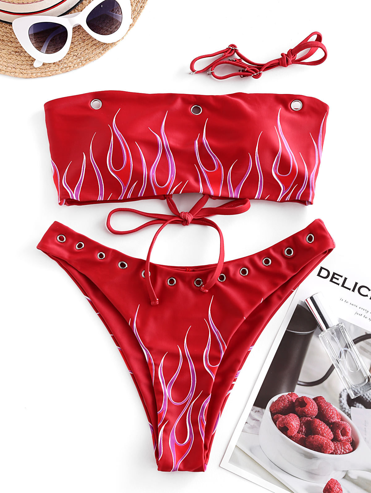 ZAFUL Women Lace-up Bandeau Bikini Strapless Sexy Swimsuit Flame Print Grommets Ladies Swimwear Bikinis Set Padded Bathing Suit 210318