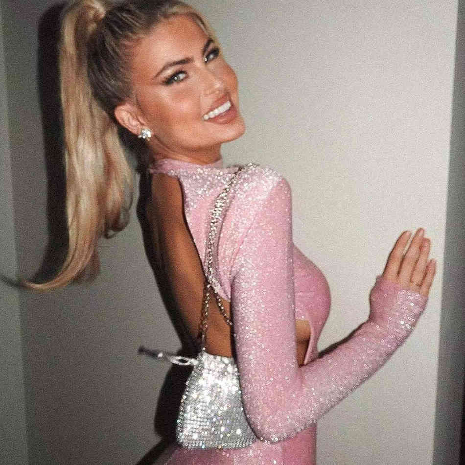 Winter Women Pink Long Sleeve Backless Bodycon Bandage Dress Sexy Hollow Out Club Celebrity Runway Party Dresses 210423