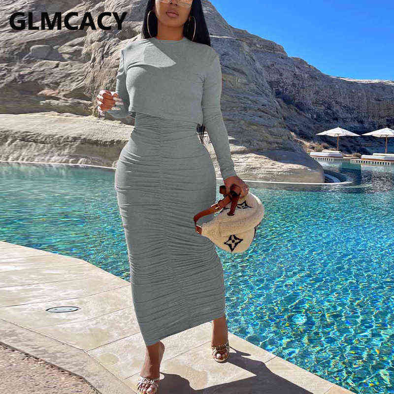 Women Two Piece Ruched Dress Set Long Sleeve Crop Top & Casual Maxi Skirt 211106