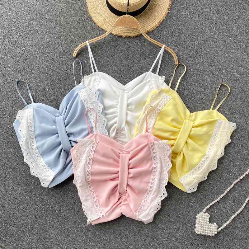 DEAT Women Ruffles Bow Lace Sling Camis Arrivals Sexy Backless Temperament Fashion Spring Summer 11D1560 210709