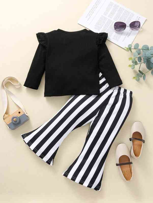 Baby Girl Ruffle Trim Tee & Stripe Flare Leg Pants SHE